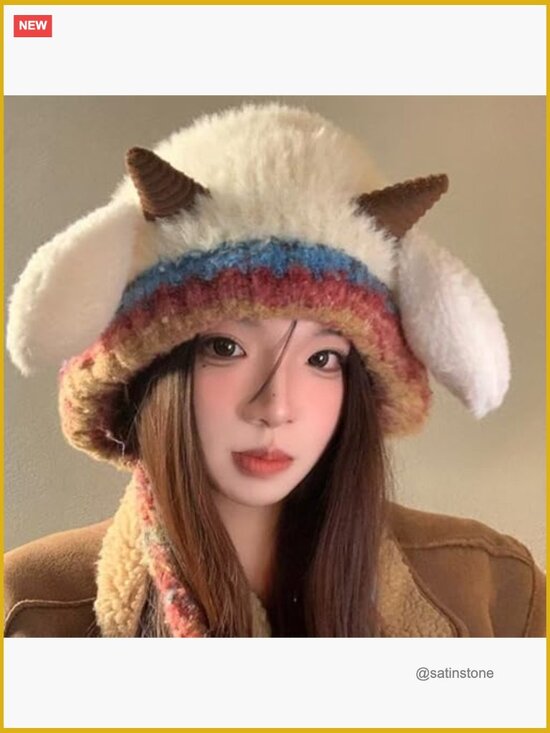 Faux Fur Knitted Animal Beanie with Ear Flaps Cute Sheep Horns Winter Hat